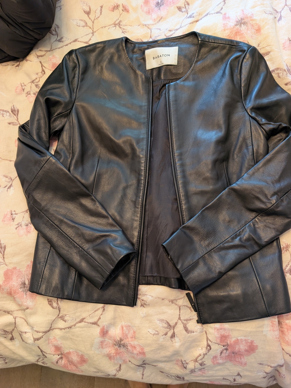 BABATON Black Leather Collarless Jacket